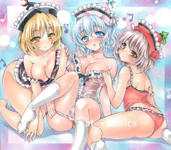 Rule 34 | 3girls, adapted costume, all fours, alternate costume, at classics, bare shoulders, blonde hair, blue eyes, blue hair, blush, breasts, brown eyes, brown hair, cleavage, frills, from behind, gradient background, hair between eyes, hat, kneeling, large breasts, leaning forward, light smile, lingerie, looking at viewer, looking back, lunasa prismriver, lyrica prismriver, merlin prismriver, multiple girls, no panties, panties, unworn panties, short hair, siblings, silver hair, sisters, sitting, smile, strap slip, tareme, thighs, touhou, traditional media, underwear, wavy hair, yellow eyes