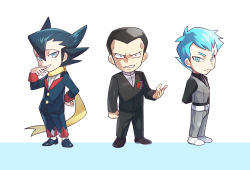 Rule 34 | 3boys, archer (pokemon), arms behind back, belt, black pants, buttons, chibi, commentary request, creatures (company), elite four, game freak, giovanni (pokemon), grey pants, grey vest, grimsley (pokemon), hair between eyes, hand on own hip, hand up, jacket, long sleeves, male focus, momoji (lobolobo2010), multiple boys, nintendo, pants, parted lips, pokemon, pokemon bw, pokemon frlg, pokemon lgpe, scarf, shoes, short hair, smile, standing, team rocket, vest, white footwear, yellow scarf