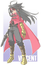 Rule 34 | 1boy, belt, black hair, black pants, black shirt, boots, cape, character name, final fantasy, final fantasy vii, fingerless gloves, gloves, gun, hair between eyes, handgun, headband, high collar, holding, holding gun, holding weapon, long hair, looking at viewer, male focus, pants, pointy footwear, purple background, red cape, red eyes, red headband, shirt, sleeves rolled up, solo, square enix, upper body, vincent valentine, weapon, yonesuke