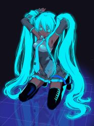 Rule 34 | 1girl, absurdres, aqua eyes, aqua hair, armpits, arms up, blue nails, colorized, dark skin, dark-skinned female, darklowell, detached sleeves, ginta, glowing, glowing hair, hatsune miku, headphones, headset, highres, kneeling, long hair, nail polish, necktie, neon trim, perspective, reflection, skirt, smile, solo, thighhighs, twintails, very long hair, vocaloid, zettai ryouiki
