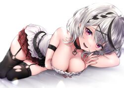 Rule 34 | 1girl, absurdres, arm behind head, bare shoulders, black collar, black hair, black thighhighs, blush, braid, breasts, buta tamako, camisole, cleavage, collar, commentary, ear piercing, frilled camisole, frills, garter straps, grey hair, hair ornament, heart pendant, highres, hololive, large breasts, looking at viewer, lying, miniskirt, multicolored hair, o-ring, open mouth, piercing, plaid, plaid skirt, red eyes, red skirt, sakamata chloe, sidelocks, simple background, skirt, smile, solo, streaked hair, thighhighs, torn clothes, torn thighhighs, virtual youtuber, white background, white camisole, x hair ornament