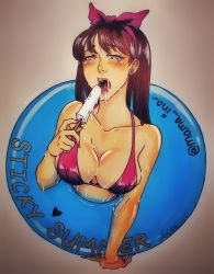 Rule 34 | 1girl, absurdres, bikini, blue innertube, blush, bow, breasts, brown hair, cleavage, earrings, food, hair bow, heart, heart earrings, highres, holding, holding swim ring, hot, i-ledford, innertube, jewelry, medium breasts, melting, open mouth, original, pink eyes, popsicle, red bikini, saliva, sexually suggestive, simple background, solo, sticky, summer, sunburn, sweat, swim ring, swimsuit, tongue, tongue out, upper body, username tag