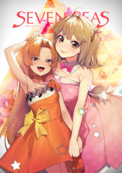 Rule 34 | 2girls, :d, absurdres, ahoge, armpits, back bow, bare arms, bare shoulders, blonde hair, blurry, blurry background, bow, bowtie, choker, closed mouth, commentary request, cover, dated, depth of field, detached collar, dress, fang, highres, holding hands, jewelry, long hair, looking at viewer, magazine cover, mermaid melody pichi pichi pitch, multiple girls, nanami lucia, necklace, ohisashiburi, open mouth, orange choker, orange dress, orange eyes, orange hair, parted bangs, pink dress, pink neckwear, red eyes, seira (mermaid melody pichi pichi pitch), short hair, sleeveless, smile, standing, twintails, white bow, yuri