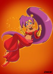 Rule 34 | 1girl, absurdres, arabian clothes, bare shoulders, blue eyes, blush, breasts, circlet, cleavage, clenched hands, collarbone, dark-skinned female, dark skin, earrings, full body, gauntlets, hands up, harem pants, high ponytail, highres, hoop earrings, jewelry, kaos art, long hair, medium breasts, midriff, navel, o-ring, o-ring top, open mouth, pants, pointy ears, ponytail, purple hair, red footwear, red pants, shantae, shantae (series), signature, smile, solo, very long hair