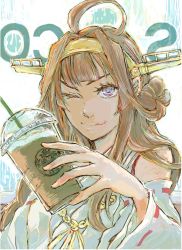 Rule 34 | 10s, 1girl, ahoge, bare shoulders, brown hair, coffee, cup, detached sleeves, disposable cup, double bun, drinking straw, frappuccino, hair bun, hair over shoulder, hairband, headgear, highres, holding, holding cup, japanese clothes, kantai collection, kongou (kancolle), long hair, long sleeves, looking at viewer, nontraditional miko, one eye closed, print cup, purple eyes, ribbon-trimmed sleeves, ribbon trim, shaded face, solo, starbucks, tongue, tongue out, upper body, wide sleeves, yamada rei (rou)