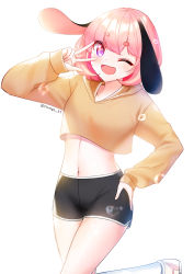 Rule 34 | 1girl, ;d, animal ears, bad id, bad pixiv id, black shorts, blush, brown hoodie, crop top, crop top overhang, dolphin shorts, fang, hand on own hip, hand up, hood, hood down, hoodie, leg up, long sleeves, looking at viewer, mamel 27, midriff, navel, one eye closed, open mouth, original, pink hair, purple eyes, shoes, short hair, short shorts, shorts, simple background, smile, socks, solo, thick eyebrows, thighs, twitter username, w, white background, white socks