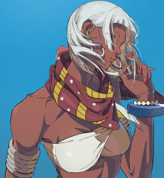 Rule 34 | 1girl, absurdres, armlet, blue background, blue eyes, bracelet, breasts, cleavage, dark-skinned female, dark skin, elena (street fighter), grey hair, highres, jewelry, looking at viewer, parted lips, scarf, shioajiass, short hair, solo, street fighter, street fighter 6, upper body