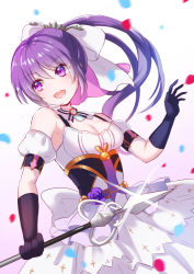 Rule 34 | 1girl, :d, alternate costume, black gloves, bow, breasts, choker, cleavage, detached sleeves, dress, elbow gloves, floating hair, gloves, gochuumon wa usagi desu ka?, hair between eyes, hair bow, holding, holding polearm, holding spear, holding weapon, kusumoto miya, layered dress, long hair, long sleeves, looking to the side, medium breasts, open mouth, petals, polearm, ponytail, purple eyes, purple hair, sleeveless, sleeveless dress, smile, solo, spear, standing, tedeza rize, very long hair, weapon, white bow, white dress, white sleeves