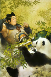 Rule 34 | 1boy, absurdres, armor, bamboo, bamboo forest, forest, highres, male focus, nature, outdoors, panda, plant, scan, shin sangoku musou, solo, xu zhu