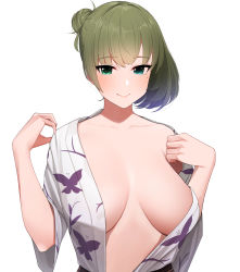 Rule 34 | 1girl, alternate hairstyle, blue eyes, blush, breasts, breasts apart, closed mouth, collarbone, commentary request, green eyes, green hair, hair bun, heterochromia, highres, idolmaster, idolmaster cinderella girls, japanese clothes, kimono, large breasts, lips, looking at viewer, mole, mole under eye, no bra, off shoulder, open clothes, open kimono, print kimono, senju (snz0), simple background, single hair bun, smile, solo, takagaki kaede, upper body, white background