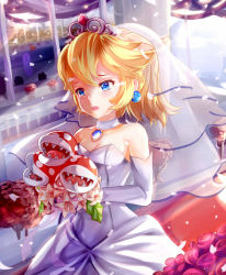 Rule 34 | 1girl, bare shoulders, blonde hair, blue eyes, bouquet, breasts, bridal veil, bride, choker, cleavage, closed mouth, confetti, crying, crying with eyes open, deviantart sample, dress, earrings, elbow gloves, enma (enmanuelart), eyelashes, flower, flower request, furrowed brow, gloves, highres, holding, holding bouquet, image sample, indoors, jewelry, leaf, lips, mario (series), nintendo, pendant choker, pillar, pink lips, piranha plant, plant, polka dot, ponytail, princess peach, sad, sharp teeth, short hair, small breasts, standing, strapless, strapless dress, super mario odyssey, tears, teeth, tiara, veil, wedding, wedding dress, white choker, white dress, white gloves