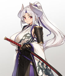 Rule 34 | 1girl, armor, azusa (granblue fantasy), black hakama, breasts, draph, granblue fantasy, hakama, hakama skirt, highres, horns, houtengeki, japanese armor, japanese clothes, katana, kimono, large breasts, long hair, long sleeves, looking at viewer, pointy ears, ponytail, red eyes, skirt, solo, sword, weapon, white hair, white kimono, wide sleeves