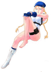 Rule 34 | 1girl, absurdres, ahoge, alternate color, antenna hair, aqua eyes, bare legs, barefoot, beret, blonde hair, blue gloves, blue hat, blue socks, boots, braid, breasts, cammy white, cross-laced footwear, feet, fingerless gloves, gloves, harness, hat, highleg, highleg leotard, highres, huge ahoge, invisible chair, lace-up boots, leotard, looking at viewer, medium breasts, parted lips, player 2, pouch, shoes, single shoe, sitting, skin tight, socks, solo, spioka, street fighter, street fighter v, thigh pouch, toes, twin braids, white background, white leotard