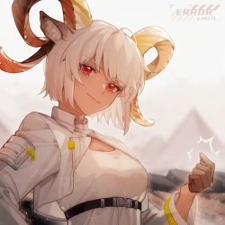 Rule 34 | 1girl, animal ears, arknights, belt, black belt, black gloves, breasts, carnelian (arknights), chinese commentary, commentary request, dark-skinned female, dark skin, gloves, grey jacket, half gloves, hand up, horns, jacket, looking at viewer, medium breasts, no.9 yualuodesi mimitongxinzhong, open clothes, open jacket, outdoors, pyramid (structure), red eyes, ribbon, shirt, short hair, silver hair, smile, snapping fingers, solo, standing, upper body, watermark, white shirt