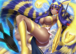 Rule 34 | 1girl, armband, ass, boots, cloud, dark-skinned female, dark skin, day, earrings, egyptian clothes, facial mark, fate/grand order, fate (series), flying, headband, hoop earrings, jewelry, long hair, looking at viewer, masatoki, nitocris (fate), nitocris (fate/grand order), nitocris (swimsuit assassin) (fate), nitocris (third ascension) (fate), pillar, purple eyes, pyramid (structure), scarab, sky, smile, thigh strap, very long hair