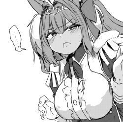 Rule 34 | ..., 1girl, :&lt;, absurdres, animal ears, blush, breasts, center frills, daiwa scarlet (umamusume), double-parted bangs, epaulettes, fingernails, frills, furrowed brow, greyscale, hair between eyes, hair intakes, hands up, highres, horse ears, large breasts, long sleeves, looking at viewer, monochrome, poyo (hellmayuge), simple background, solo, spoken ellipsis, umamusume, upper body, white background