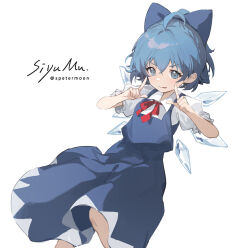 Rule 34 | 1girl, artist name, blue bow, blue dress, blue eyes, blue hair, bow, cirno, collared shirt, commentary, detached wings, dress, fairy, hair between eyes, hair bow, highres, ice, ice wings, pinafore dress, puffy short sleeves, puffy sleeves, shirt, short hair, short sleeves, signature, simple background, siyumu, sleeveless, sleeveless dress, smile, solo, touhou, twitter username, white background, white shirt, wings