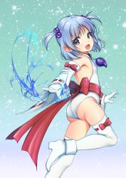 Rule 34 | 1girl, absurdres, ass, blue hair, boots, borrowed character, breasts, commentary request, detached sleeves, feet out of frame, gloves, hair bobbles, hair ornament, highres, leotard, looking at viewer, magatama, nontraditional miko, original, purple eyes, ribbon-trimmed sleeves, ribbon trim, short hair, small breasts, smile, solo, thighhighs, two side up, white footwear, white gloves, white leotard, white thighhighs, yashin (yasinz)