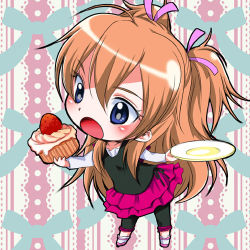 Rule 34 | 10s, 1girl, :o, blue eyes, blush, brown hair, chibi, cupcake, eyelashes, food, fruit, full body, houjou hibiki, long hair, lovelabo, lowres, pants, plate, precure, shirt, short twintails, skirt, solo, strawberry, suite precure, twintails, two side up