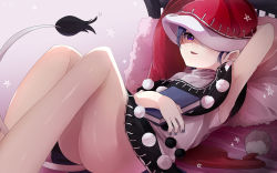 Rule 34 | 1girl, armpits, bed, blue hair, blue nails, blush, book, doremy sweet, dress, hair over one eye, hat, highres, ichirugi, looking at viewer, nail polish, nightcap, no panties, open mouth, pillow, pom pom (clothes), purple eyes, smile, solo, tail, tapir tail, thighs, touhou