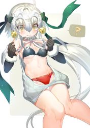 Rule 34 | &gt;:(, 1girl, ?, bare legs, bare shoulders, bell, bikini, black bikini, black gloves, blush, bow, breasts, bright pupils, cleavage, elbow gloves, fate/grand order, fate (series), frown, fur-trimmed gloves, fur trim, gloves, green bow, hair bow, headpiece, invisible chair, jeanne d&#039;arc (fate), jeanne d&#039;arc alter (fate), jeanne d&#039;arc alter santa lily (fate), knees together feet apart, long hair, looking at viewer, looking down, low ponytail, medium breasts, meme attire, mismatched bikini, naeun (pinky1866), navel, red bikini, ribbed sweater, sidelocks, silver hair, sitting, sleeveless, sleeveless turtleneck, solo, spoken question mark, star (symbol), stomach, sweater, swimsuit, teardrop, thigh gap, turtleneck, turtleneck sweater, v-shaped eyebrows, very long hair, virgin killer sweater, wardrobe error, yellow eyes