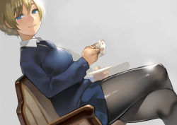 Rule 34 | 10s, 1girl, absurdres, black necktie, black pantyhose, blonde hair, blue eyes, blue skirt, blue sweater, breasts, chair, closed mouth, collared shirt, crossed legs, cup, darjeeling (girls und panzer), dress shirt, eyebrows, eyelashes, from side, girls und panzer, grey background, hair between eyes, highres, holding, holding cup, long sleeves, looking at viewer, looking to the side, medium breasts, necktie, pantyhose, saucer, school uniform, shirt, short hair, simple background, sitting, skirt, smile, solo, sweater, swimsuit, teacup, thighband pantyhose, thighs, v-neck, white shirt, wing collar, yomu (sgt epper)