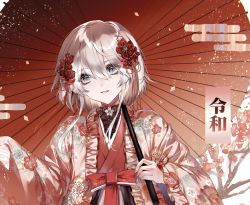 Rule 34 | 1girl, blue eyes, bow, branch, commentary, dress, floral print, flower, hair between eyes, hair flower, hair ornament, highres, holding, kuga huna, long sleeves, looking at viewer, medium hair, original, parasol, personification, red theme, reiwa, sidelocks, silver hair, solo, umbrella, upper body, wind, x hair ornament