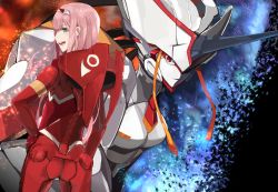 Rule 34 | 10s, 1girl, :d, ass, bodysuit, darling in the franxx, floating hair, green eyes, hairband, hand on own hip, horns, long hair, looking at viewer, looking back, mecha, open mouth, pilot suit, pink hair, red bodysuit, red eyes, robot, smile, solo, strelizia, white hairband, zero two (darling in the franxx)