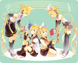 Rule 34 | 2boys, 2girls, akiyoshi (tama-pete), blonde hair, blue eyes, blue rose, bouquet, brother and sister, dual persona, eye contact, flower, hair ornament, hairclip, headphones, kagamine len, kagamine rin, leaning forward, looking at another, multiple boys, multiple girls, rose, short hair, siblings, sitting, smile, thighhighs, twins, vocaloid, vocaloid append