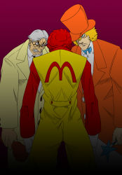 Rule 34 | 3boys, alexander anderson, alucard (hellsing), angry, bird, bouzu oyaji, bow, bowtie, captain (hellsing), chicken, chicken (food), clenched teeth, clown, colonel sanders, dark, facial hair, food, formal, from behind, glasses, goatee, green eyes, grey hair, hair over one eye, hat, hat over one eye, hellsing, ikumo taisuke, jumpsuit, kfc, male focus, mcdonald&#039;s, mos burger, multiple boys, mustache, one eye covered, parody, red hair, ronald mcdonald, showdown, simple background, standing, string tie, suit, teeth, top hat, wand, weapon, white hair, willy wonka