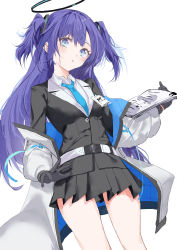 Rule 34 | 1girl, :o, absurdres, belt, black gloves, black jacket, black skirt, blue archive, blue eyes, blue necktie, blush, breasts, coat, collared shirt, commentary, gloves, halo, highres, holding, holding paper, id card, jacket, long hair, long sleeves, looking at viewer, miniskirt, moruhinesan, necktie, off shoulder, paper, purple hair, shirt, sidelocks, skirt, small breasts, solo, two side up, white coat, white shirt, yuuka (blue archive)