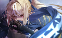 Rule 34 | 1girl, black gloves, blonde hair, bow, close-up, commentary request, covered mouth, dark-skinned female, dark skin, fenrir (fenlil0316), floating hair, gloves, hair bow, half gloves, highres, holding, holding knife, holding weapon, hololive, knife, long hair, multicolored hair, partially fingerless gloves, pointy ears, ponytail, red eyes, scarf, scarf over mouth, shiranui flare, streaked hair, two-tone hair, virtual youtuber, weapon, white hair