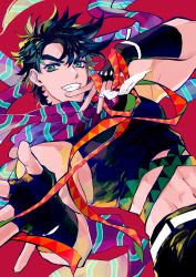 Rule 34 | 1boy, abs, absurdres, aqua scarf, bare shoulders, battle tendency, belt, black gloves, black hair, black pants, commentary request, crop top, eyebrows hidden by hair, feathers, fingerless gloves, gloves, green eyes, grin, highres, jojo no kimyou na bouken, joseph joestar, joseph joestar (young), korean commentary, looking at viewer, male focus, midriff, multicolored clothes, multicolored scarf, navel, nigelungdayo, pants, red background, scarf, short hair, smile, solo, striped clothes, striped scarf, teeth, triangle print, white belt