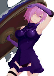 Rule 34 | 1girl, arm up, armored leotard, armpits, cowboy shot, elbow gloves, fate/grand order, fate (series), gloves, hair between eyes, holding, holding shield, jack-barro, leotard, long hair, mash kyrielight, pink hair, purple eyes, purple gloves, purple leotard, shield, short hair, smile, solo, standing, thigh strap, white background