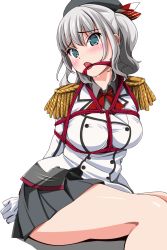 Rule 34 | 10s, 1girl, bdsm, blue eyes, blush, bondage, bound, bound wrists, breasts, buttons, cleave gag, cloth gag, crotch rope, epaulettes, gag, gagged, gloves, highres, improvised gag, kantai collection, kashima (kancolle), kerchief, large breasts, matsunaga kouyou, military, military uniform, miniskirt, open mouth, red ribbon, ribbon, shibari, shibari over clothes, sidelocks, silver hair, skirt, solo, twintails, uniform, wavy hair, white gloves