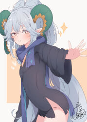 Rule 34 | &gt;:), 1girl, beni shake, black dress, blue scarf, blush, breasts, brown background, closed mouth, commentary request, dress, fang, fang out, fate/grand order, fate (series), grey background, grey hair, groin, hair between eyes, heart, horns, larva tiamat (fate), long hair, long sleeves, looking at viewer, medium breasts, scarf, signature, smile, solo, sparkle, tiamat (fate), two-tone background, v-shaped eyebrows, very long hair, wide sleeves