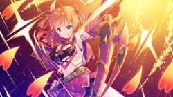 Rule 34 | 1girl, :p, armpits, belt, bow (weapon), breasts, cleavage, commentary request, detached sleeves, dutch angle, fire, gloves, green eyes, hair ornament, hair rings, heart, holding, holding bow (weapon), holding weapon, masaki kei, medium hair, navel, princess connect!, rino (princess connect!), short shorts, shorts, shorts under skirt, simple background, small breasts, solo, tongue, tongue out, weapon