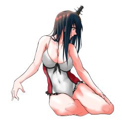 Rule 34 | 1girl, black hair, breasts, casual one-piece swimsuit, cleavage, covered navel, fusou (kancolle), hair ornament, highres, kantai collection, long hair, looking to the side, medium breasts, one-piece swimsuit, red eyes, simple background, sitting, solo, sozan, swimsuit, transparent background, white background, white one-piece swimsuit, yokozuwari