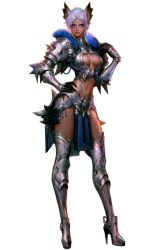 Rule 34 | 1girl, animal ears, armor, artist request, blue eyes, bridal gauntlets, castanic, center opening, couter, dark-skinned female, dark skin, elbow gloves, full body, gloves, hand on own chest, hand on own hip, looking at viewer, pelvic curtain, revealing clothes, short hair, silver hair, simple background, solo, source request, tera online, thighhighs, white background