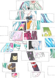 Rule 34 | 1girl, absurdres, ageage again (vocaloid), aikotoba, alternate costume, animal print, animal slippers, annotation request, aqua hair, arrow print, bare shoulders, black necktie, blue eyes, blue hair, boots, bunny ears hoodie (module), bunny slippers, cat print, catch the wave (vocaloid), chain, character request, check character, check copyright, closed mouth, collage, colorful festival (project sekai), commentary, copyright request, flower, frills, full body, gears, green hair, hair flower, hair ornament, hair ribbon, hatsune miku, hatsune miku no gekishou (vocaloid), hello planet (vocaloid), hello world. (module), highres, infinity (module), jacket, long hair, long sleeves, looking at viewer, magical mirai (vocaloid), magical mirai miku, magical mirai miku (2017), magical mirai miku (2021), magical mirai miku (2022), miniskirt, musical note, musical note print, necktie, number tattoo, nyan ko (module), odds &amp; ends (vocaloid), osanpo style (module), partially annotated, pink jacket, project diva (series), project sekai, red thighhighs, ribbon, romeo to cinderella (vocaloid), sadistic music factory (vocaloid), shirt, skirt, sleeveless, sleeveless shirt, slippers, slow motion (vocaloid), smile, solo, spiritual (module), standing, star (symbol), star print, striped clothes, striped ribbon, striped thighhighs, tattoo, tell your world (vocaloid), thighhighs, twintails, very long hair, vintage dress (module), vocaloid, vocaloid boxart pose, white background, white ribbon, white thighhighs, yu qie fu, yuki miku, yuki miku (2017), yuki miku (2022)