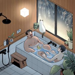 Rule 34 | 2boys, bara, bathing, bathroom, bathtub, black hair, cat, closed eyes, couple, facial hair, fat, fat man, faucet, fireworks, full body, glasses, goatee, hand on another&#039;s knee, highres, indoors, koong (koong bg), laughing, male focus, multiple boys, nipples, nude, open mouth, original, partially submerged, plant, potted plant, rubber duck, same-sex bathing, shared bathing, short hair, shower head, size difference, skinny, soap bottle, water, wet, window, wooden wall, yaoi