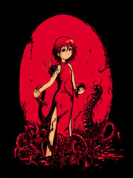 Rule 34 | 1girl, blood, bug, centipede, red background, red hair, red theme, seirei, seirei (mimi toka), short hair, solo