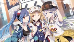 Rule 34 | 3girls, azur lane, bare shoulders, baseball cap, black choker, black gloves, black hairband, black sports bra, blonde hair, blue hair, blue jacket, blue shirt, blue sky, blush, breasts, brown-tinted eyewear, choker, cleavage, cleveland (azur lane), cleveland (road trip!) (azur lane), clothes around waist, clothes writing, coat, collarbone, commentary request, cowboy shot, day, enterprise (anniversary ride) (azur lane), enterprise (azur lane), essex (a trip down route 66) (azur lane), essex (azur lane), eyewear on headwear, gloves, gotyou, gradient jacket, grin, hair between eyes, hairband, hat, headband, headphones, headphones around neck, hood, hood down, hooded jacket, jacket, jacket around waist, jewelry, large breasts, loading screen, locked arms, long hair, long sleeves, looking at viewer, midriff, multicolored clothes, multicolored jacket, multiple girls, necklace, off-shoulder shirt, off shoulder, official alternate costume, official art, one eye closed, one side up, open clothes, open jacket, open mouth, outdoors, parted bangs, parted lips, ponytail, purple eyes, red eyes, route 66, shirt, sidelocks, silver hair, sky, small breasts, smile, sports bra, standing, star (symbol), sunglasses, sweat, sweatdrop, tinted eyewear, two-tone gloves, viewfinder, visor cap, white coat, white gloves, white headwear, white shirt, wristband, yamaha