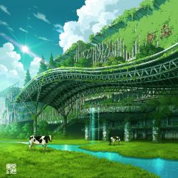 Rule 34 | abandoned, animal, blue sky, building, cloud, commentary request, cow, day, no humans, original, outdoors, overgrown, ruins, scenery, sky, sun, tokyogenso, water, waterfall, window