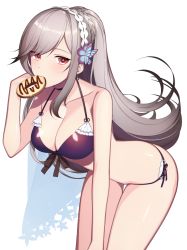 Rule 34 | 1girl, alternate hairstyle, ass, azur lane, bikini, blush, breasts, choker, cleavage, collarbone, commentary request, doughnut, dunkerque (azur lane), dunkerque (summer sucre) (azur lane), earrings, flower, food, grey hair, hair ornament, hairband, hand on own knee, hand up, hoop earrings, jewelry, kinsenka momi, large breasts, leaning forward, long hair, looking at viewer, mouth hold, navel, pink eyes, ponytail, purple bikini, side-tie bikini bottom, sidelocks, solo, swimsuit, thighs