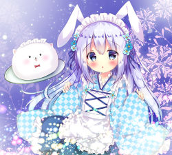 Rule 34 | 1girl, animal ears, apron, blue eyes, blue flower, blue hair, blue ribbon, blue skirt, blush, checkered clothes, checkered kimono, chestnut mouth, commentary request, flower, frilled apron, frills, gochuumon wa usagi desu ka?, hair between eyes, hair flower, hair ornament, hands up, japanese clothes, kafuu chino, kimono, long hair, long sleeves, looking at viewer, maid, maid headdress, parted lips, pinching sleeves, rabbit ears, ribbon, rikatan, skirt, sleeves past wrists, tippy (gochiusa), tray, very long hair, wa maid, waist apron, white apron, wide sleeves