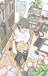 Rule 34 | 1girl, :o, animal, animal on lap, black hair, black pants, black socks, book, bookshelf, calendar (object), cat, chair, clock, commentary request, cup, digital clock, drawing tablet, drawstring, from above, grey eyes, hair ornament, hairclip, headphones, headphones removed, highres, holding, holding stylus, hood, hood down, hoodie, indoors, keyboard (computer), long sleeves, mouse (computer), mousepad (object), mug, no shoes, office chair, on chair, on lap, original, pants, parted lips, pink footwear, plant, polka dot, polka dot footwear, potted plant, shelf, sitting, sleeves past wrists, slippers, socks, solo, stylus, sweat, swivel chair, usui harusame, white hoodie, wooden floor