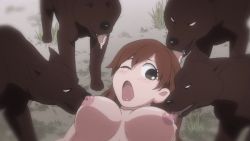 Rule 34 | 1girl, animated, animated gif, bestiality, blush, bouncing breasts, breasts, brown eyes, brown hair, covered erect nipples, dog, hen zemi, large breasts, licking, licking breast, licking nipple, looping animation, lying, mizukoshi miwako, nipple stimulation, nipples, on back, open mouth, saliva, screencap, source request, tongue, tongue out, wince