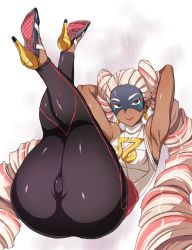 Rule 34 | 1girl, armpits, arms (game), arms behind head, arms up, ass, blonde hair, cameltoe, dark skin, dark-skinned female, denki showgun, drill hair, earrings, green eyes, high heels, highres, hip focus, huge ass, jewelry, legs up, long hair, looking at viewer, mask, skin tight, smile, solo, thick thighs, thighs, twin drills, twintails, twintelle (arms), wide hips