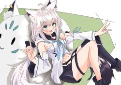 Rule 34 | 1girl, ahoge, animal ear fluff, animal ears, black footwear, black shorts, black thighhighs, blue neckerchief, blush, breasts, commentary request, detached sleeves, earrings, fox ears, fox girl, fox shadow puppet, fox tail, green eyes, hair between eyes, highres, hololive, hood, hoodie, jewelry, long hair, looking at viewer, matu kunugi, midriff, navel, neckerchief, open mouth, outstretched arm, shirakami fubuki, shirakami fubuki (1st costume), short shorts, shorts, sidelocks, single thighhigh, small breasts, sukonbu (shirakami fubuki), tail, thigh strap, thighhighs, virtual youtuber, white hair, white hoodie
